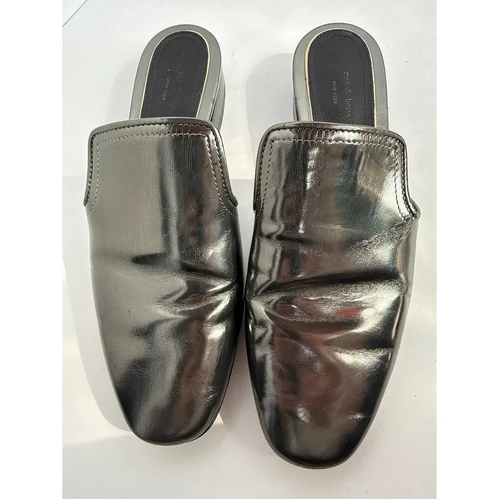 Rag & Bone Luis Silver Metallic Leather Mule Slides EU 37 US 7 Italy